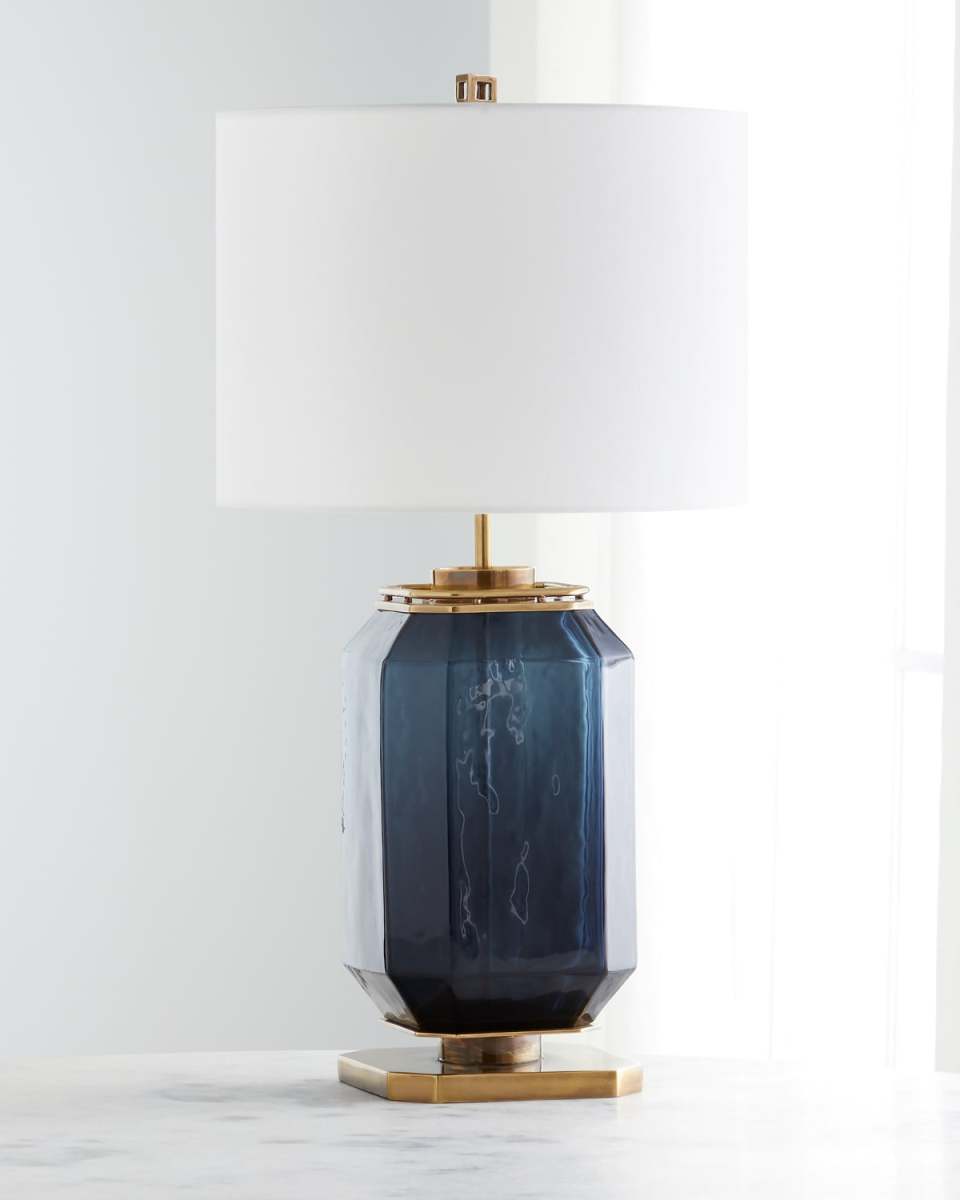 Navy Blue Glass and Brass Table Lamp